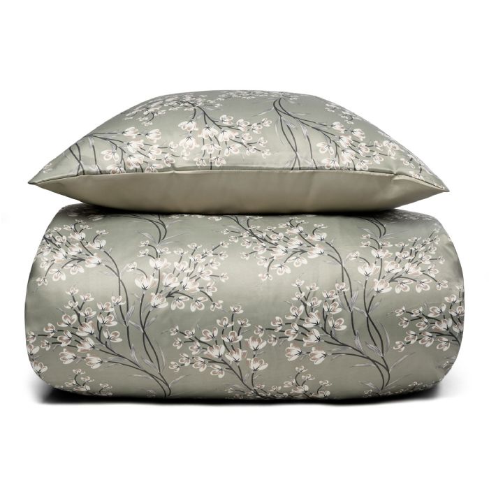 Blomstret dobbelt sengetøj 200x220 cm - Grønt sengesæt i vendbart design - Satin sengetøj - IN Style sengelinned
