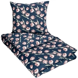 Blomstret sengetøj - 150x210 cm - Tulip blå - 100% Bomuldssatin sengetøj - By Night