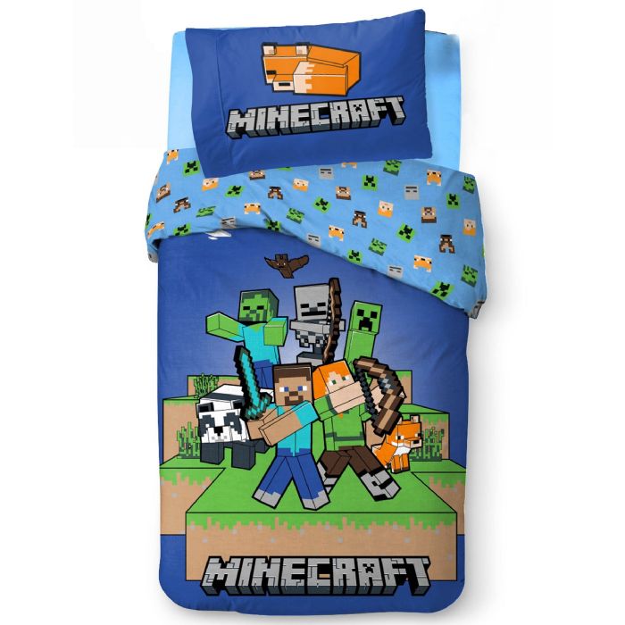 Minecraft sengetøj - 140x200 cm - Vendbart design med motiv af bl.a. zombie og creeper - Ready to survive - 100% bomulds sengelinned