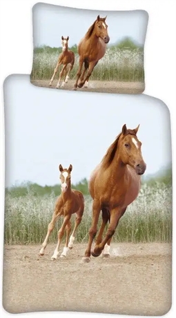 Junior heste sengetøj 100x140 cm - Sengesæt med hest og føl - 100% bomuld