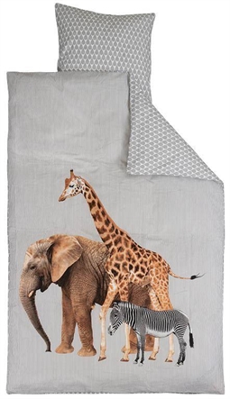 Sengetøj 140x200 cm - Giraf, elefant og zebra - 2 i 1 sengesæt - 100% Bomuld - Sengetøj børn