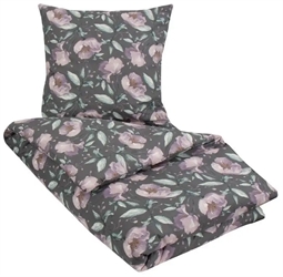 Blomstret sengetøj 200x220 cm - Sengetøj dobbeltdyne - Flower Lilac - Gråt sengetøj - 100% Bomuld