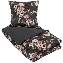 Sengetøj - 150x210 cm - Flowers & Dots grå - Blomstret sengesæt - Vendbar - 100%  Bomuldssatin sengetøj