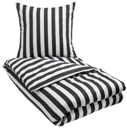 Stribet sengetøj - 140x220 cm - Dark grey - Gråt og hvidt sengesæt - 100% Bomuldssatin sengetøj - Nordic Stripe