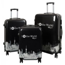 Kuffertsæt - 3 stk. - Kuffert med motiv - I Love The World black - Hardcase letvægt kuffert