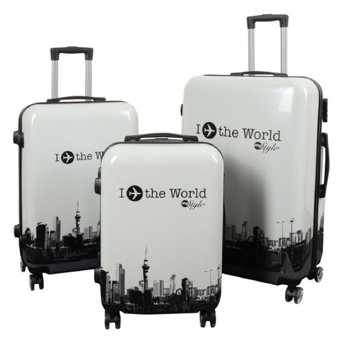 Kuffertsæt - 3 stk. - Kuffert med motiv - I Love The World hvid - Hardcase letvægt kuffert