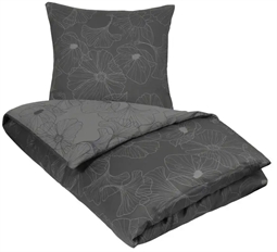Sengetøj bomuldssatin - 140x200 cm - Big flower grey - 2 i 1 design - By Night sengesæt 