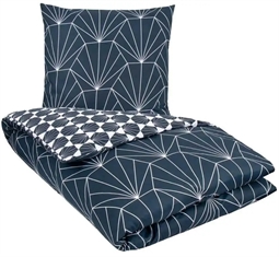 Bomuldssatin sengetøj - 140x200 cm - Hexagon mørkeblå - 2 i 1 design - By Night