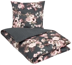 Blomstret sengetøj - 140x200 cm - 100% Bomuldssatin - Flowers & Dots - Grågrøn - 2 i 1 design