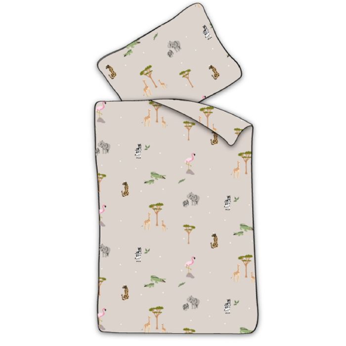 Junior sengetøj 100x140 cm - Beige sengesæt med safaridyr - 100% blødt bomulds sengelinned
