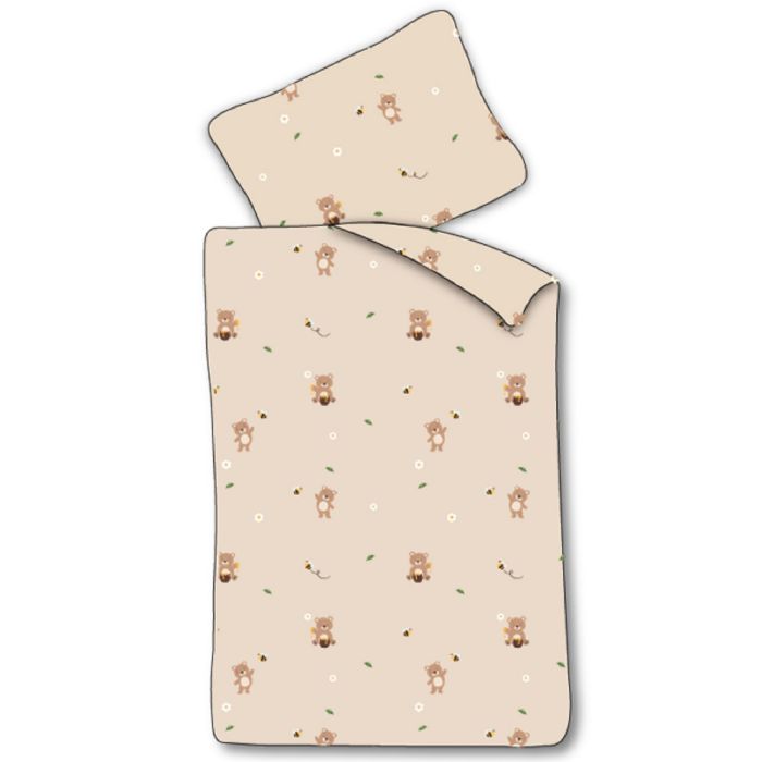 Junior sengetøj 100x140 cm - Beige sengesæt med små bamser - 100% blødt bomulds sengelinned