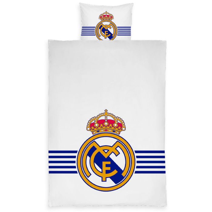Real Madrid sengetøj - Hvidt vendbart sengesæt med logo - 140x200 cm - 100% bomulds sengelinned - Fodbold sengetøj