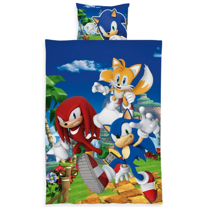 Sonic sengetøj 140x200 cm - Vendbart sengesæt med Sonic The Hedgehog og venner - 100% blødt bomulds sengelinned