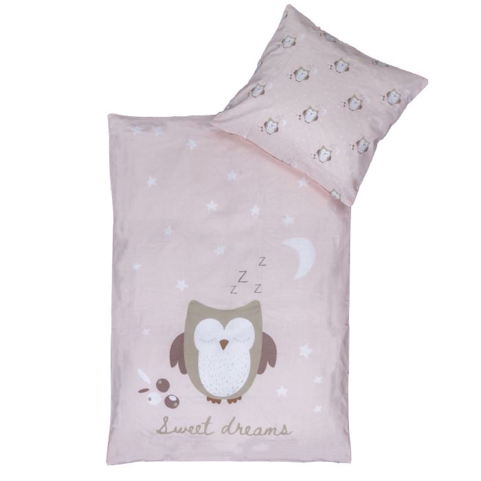Ugle sengetøj 70x100 cm - Lyserødt baby sengesæt med sovende ugle - Vendbart motiv - 100% bomulds sengelinned - Nordstrand Home