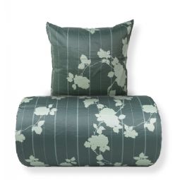 Sengetøj - 100% bomuldssatin - Rosenbloom - Grønt blomstret og stribet print