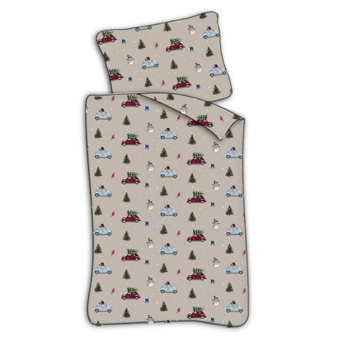 Junior julesengetøj 100x140 cm - Jule sengesæt med biler og juletræer - 100% blødt bomulds sengelinned