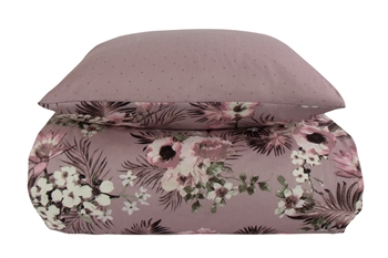 Sengetøj 150x210 cm - Vendbart design i 100% Bomuldssatin - Flowers & Dots lavendel - Sengesæt fra By Night