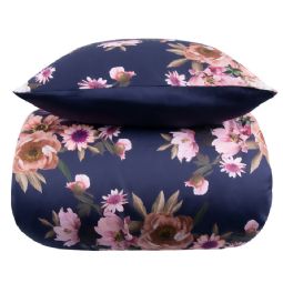 Blomstret sengetøj - Dark blue flower - 2 i 1 design - Sengesæt i 100% Bomuldssatin - Excellent By Borg
