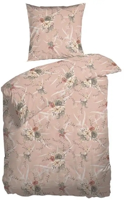 Blomstret sengetøj - 140x200 cm - Jonna Coral - Sengesæt i 100 % Bomuldssatin - Night and Day sengetøj