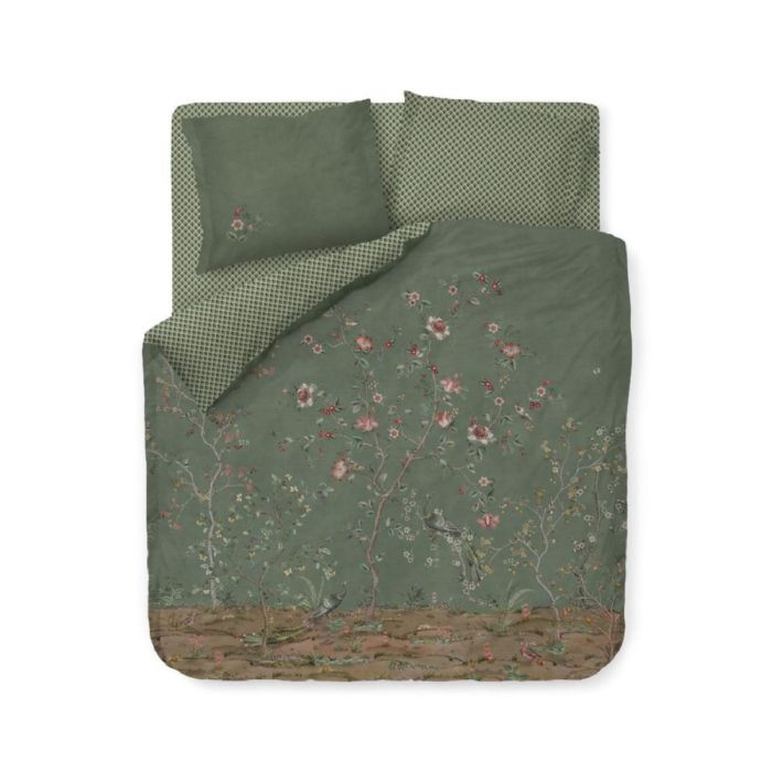 Blomstret dobbelt sengetøj 200x220 cm - Grønt vendbart sengesæt i 100% blød bomuld - Okinawa green - Pip Studio sengelinned