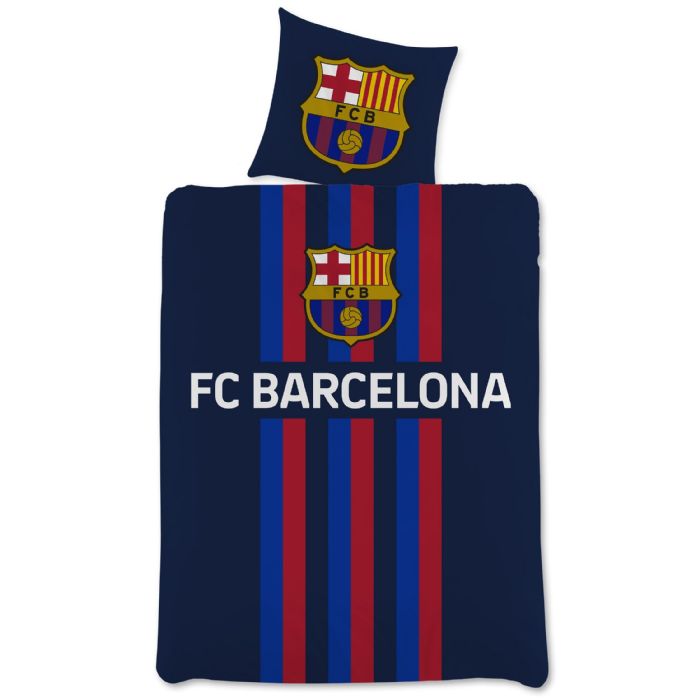 FC Barcelona sengetøj - Blåt vendbart sengesæt med logo - 140x200 cm - 100% bomulds sengelinned - Fodbold sengetøj
