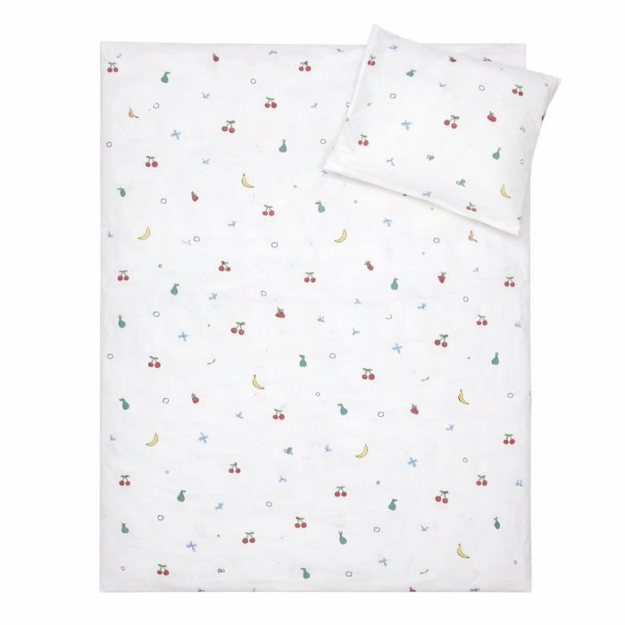 Frugt sengetøj - 100% bomuld - Babysengetøj 70x100 cm - Råhvidt med små frugter