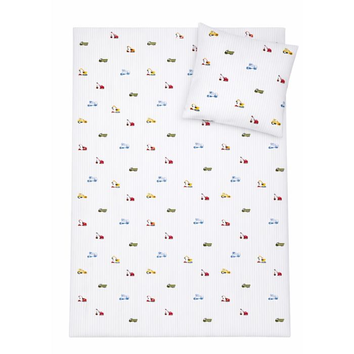 Stribet arbejdsmaskine sengetøj - 100% bomuld - Babysengetøj 70x100 cm - Hvid med blå striber og arbejdsmaskiner